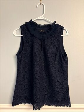 J. Crew Navy Blue Lace Sleeveless Ruffleneck Top H2203 Classy Chic Size Small
